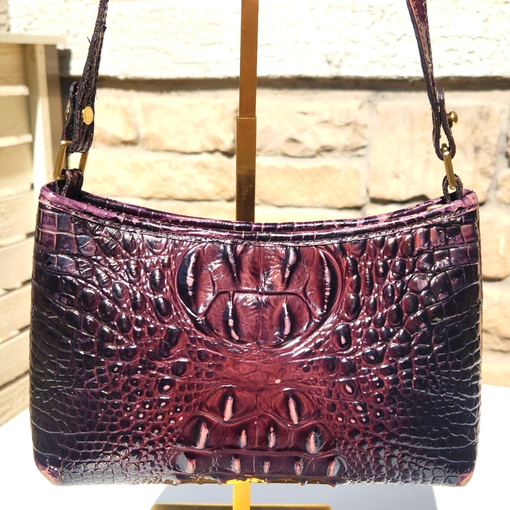 Brahmin Croc Embossed Small Shoulder Bag - Chocolate Brown w/ Purple Undertone